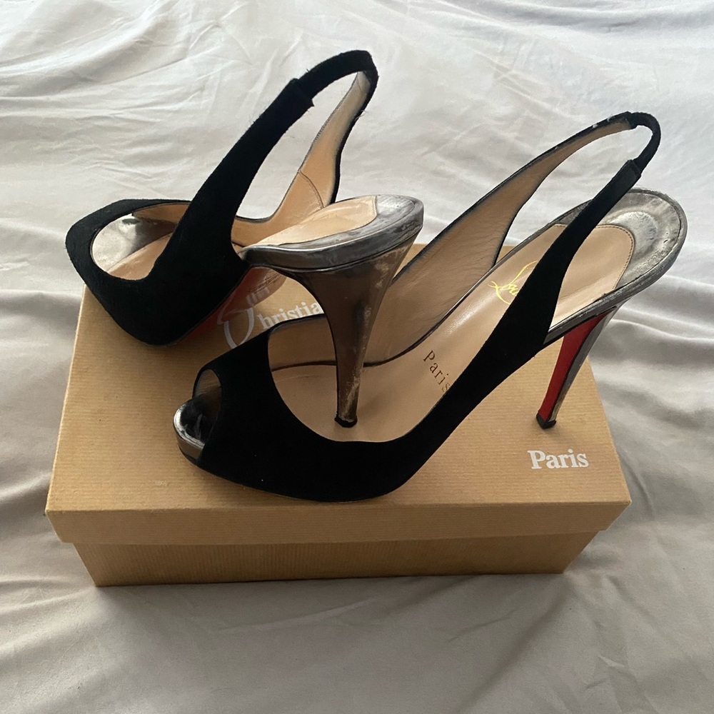 Christian Louboutin, Black suede peekaboo slingbacks. Sz 40.